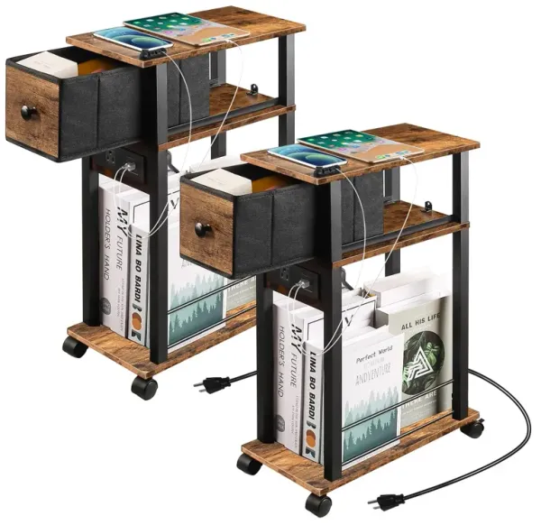 Small Side Table with Charging Station and Drawer, Set of 2 Narrow End Table with USB Ports and Outlets for Small Space, Living