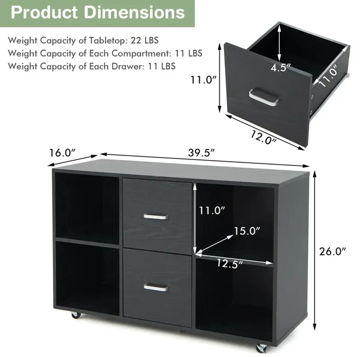 2 Drawer Wood Mobile File Cabinet with 4 Open Compartments-Black