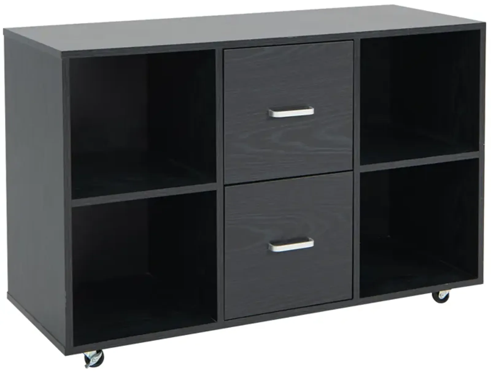 2 Drawer Wood Mobile File Cabinet with 4 Open Compartments-Black