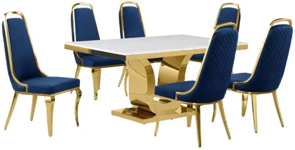 7pc Small(66") marble top dining set with gold base and 6 Navy blue side chairs