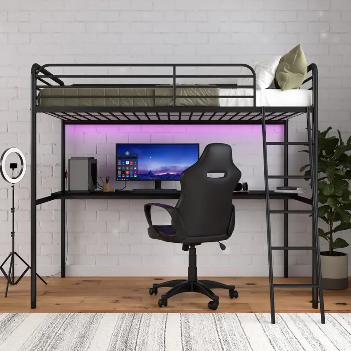 Ntense Contra Gaming Loft Bed with Desk and LED Lights, Twin, Black