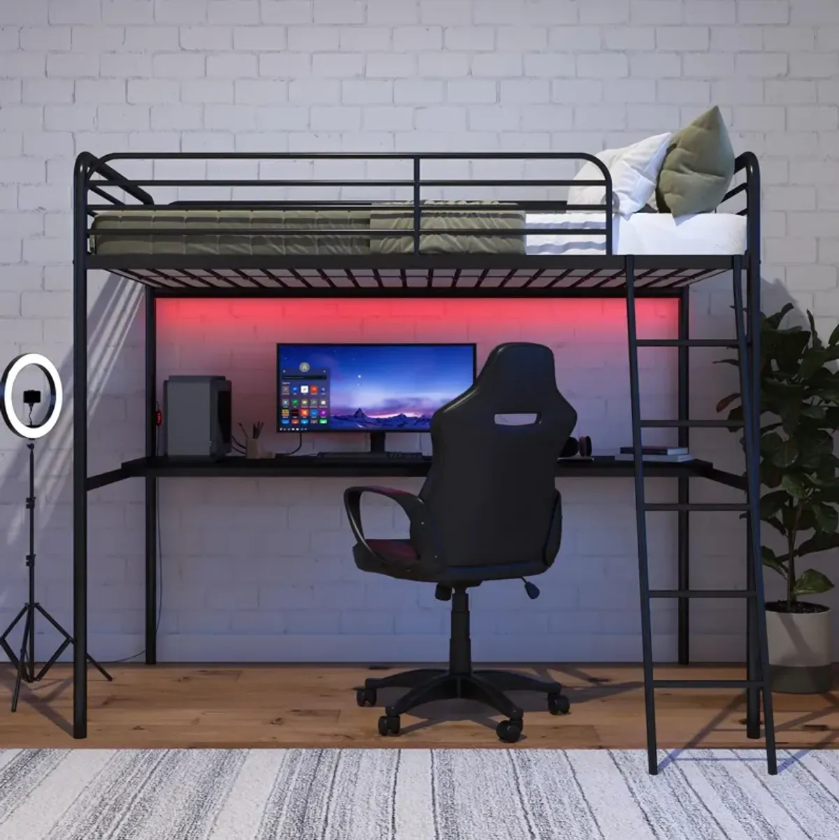 Ntense Contra Gaming Loft Bed with Desk and LED Lights, Twin, Black