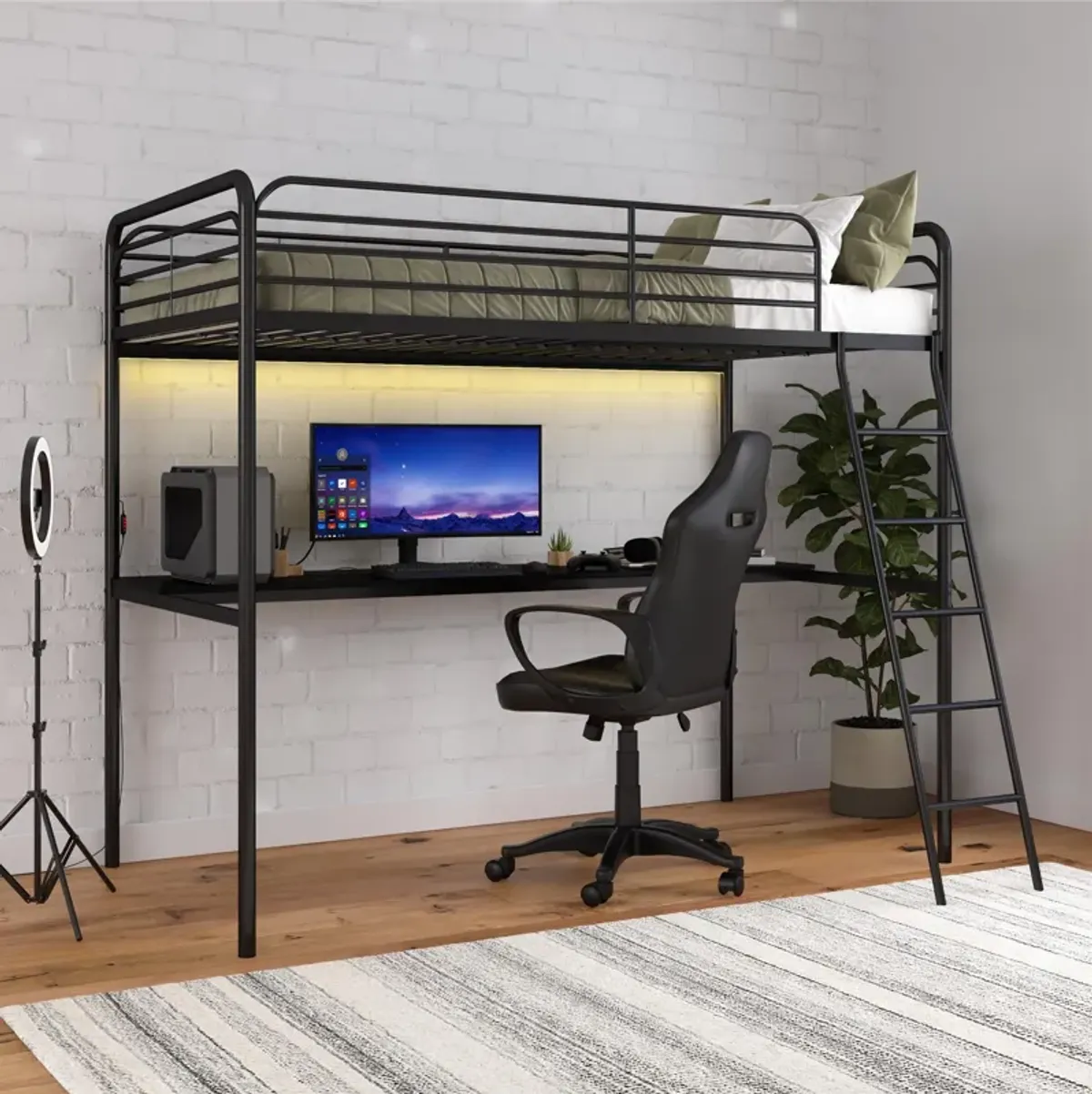 Ntense Contra Gaming Loft Bed with Desk and LED Lights, Twin, Black