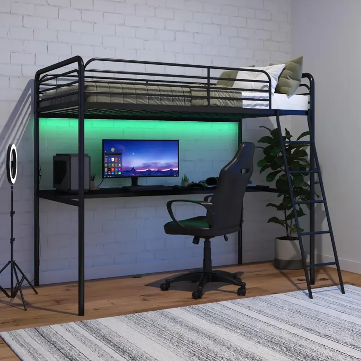 Ntense Contra Gaming Loft Bed with Desk and LED Lights, Twin, Black