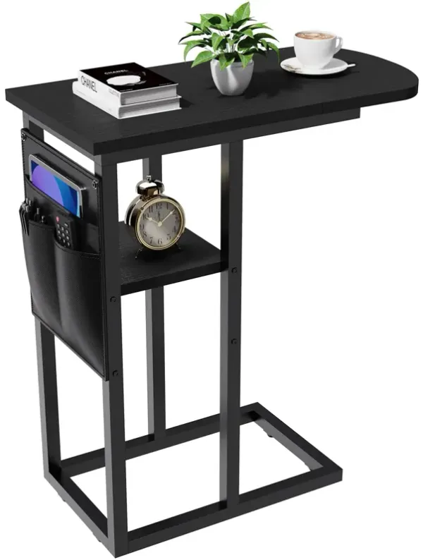 eiskah C Table End Table with Side Pocket, Couch C Shaped Side Table for Living Room, Bedroom, Tall Side Table with Storage Bag