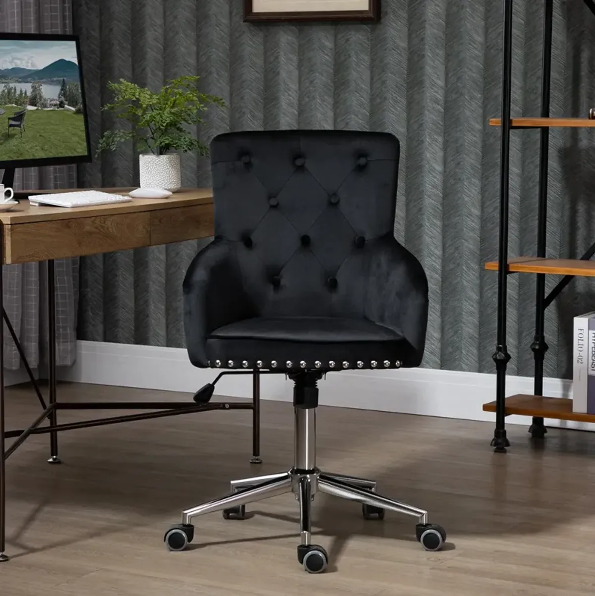 Black Tufted Task Chair: Mid-Back Office Chair with Nailhead Trim