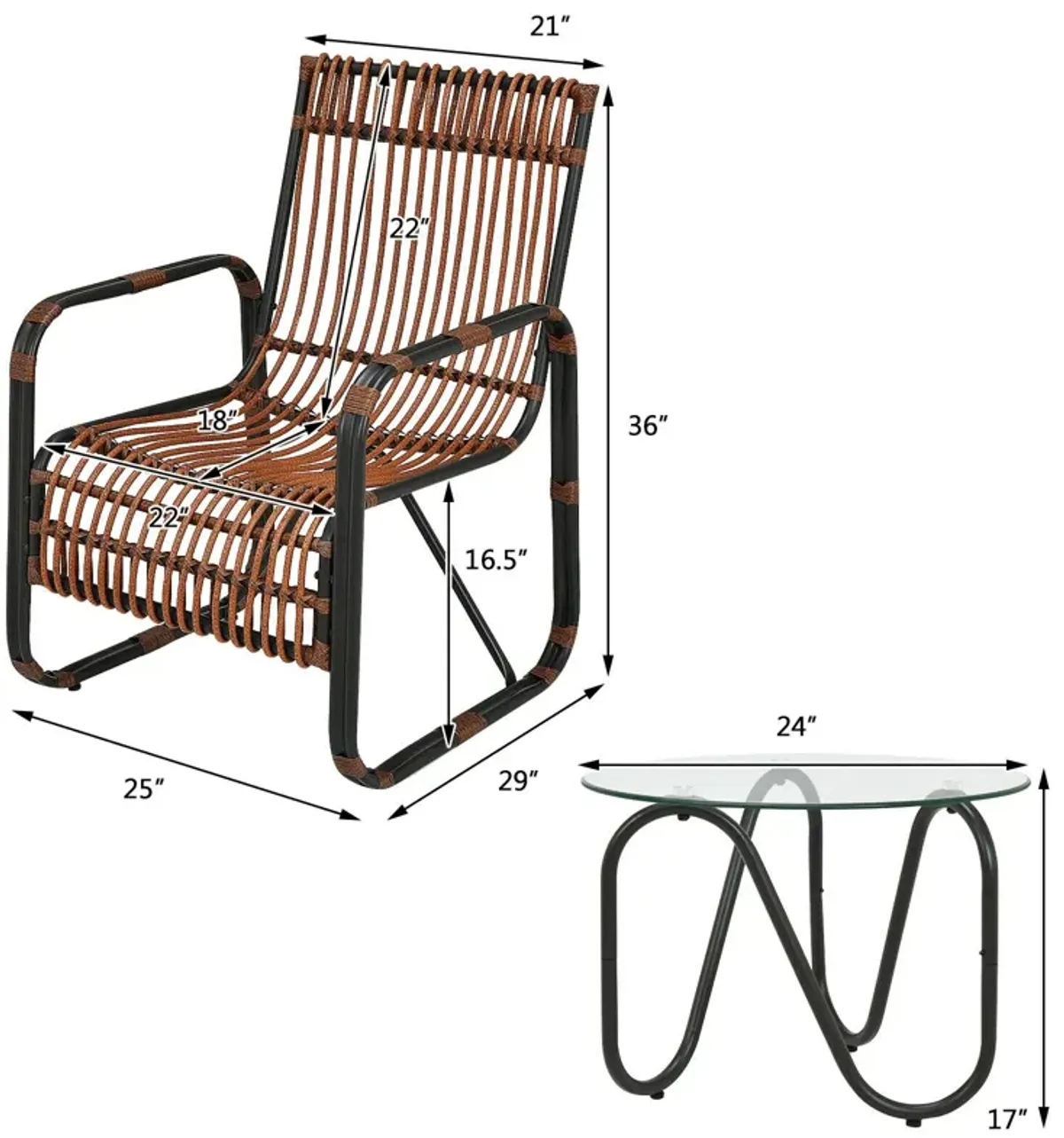 3 Pieces Patio Rattan Furniture Set with 2 Single Wicker Chairs and Glass Side Table