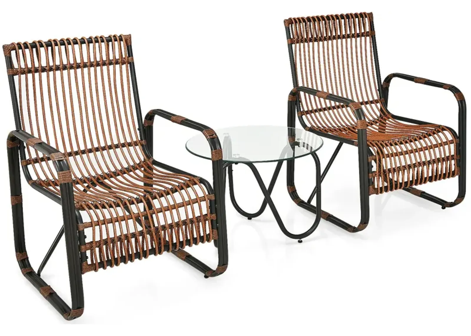 3 Pieces Patio Rattan Furniture Set with 2 Single Wicker Chairs and Glass Side Table