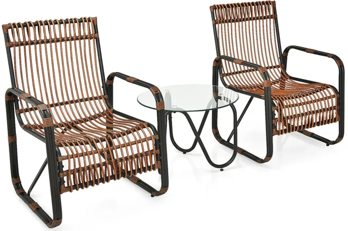 3 Pieces Patio Rattan Furniture Set with 2 Single Wicker Chairs and Glass Side Table