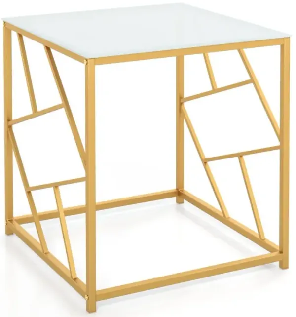 Hivvago Square End Table with Tempered Glass Tabletop and Gold Finish Geometric Frame