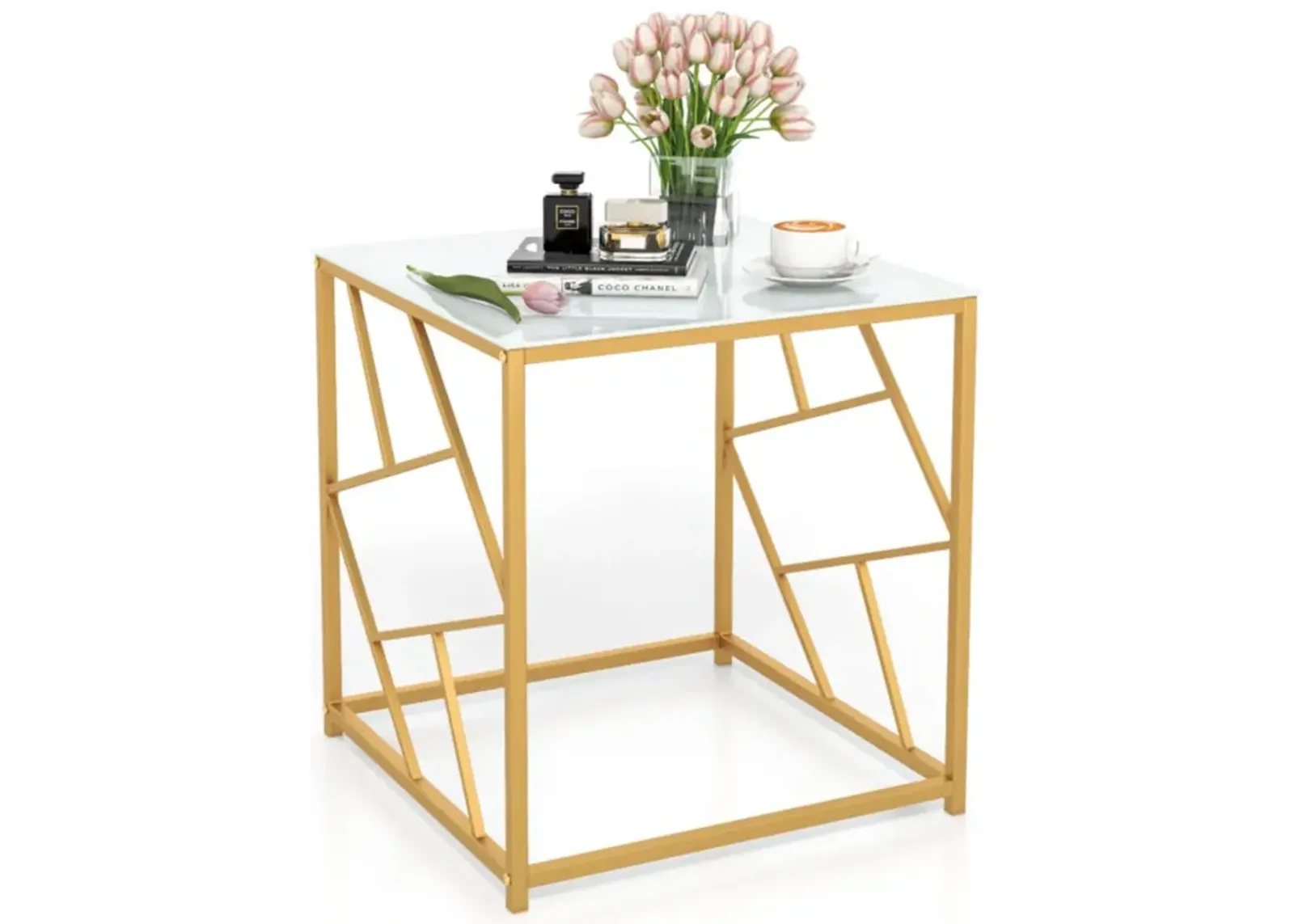 Hivvago Square End Table with Tempered Glass Tabletop and Gold Finish Geometric Frame-Golden