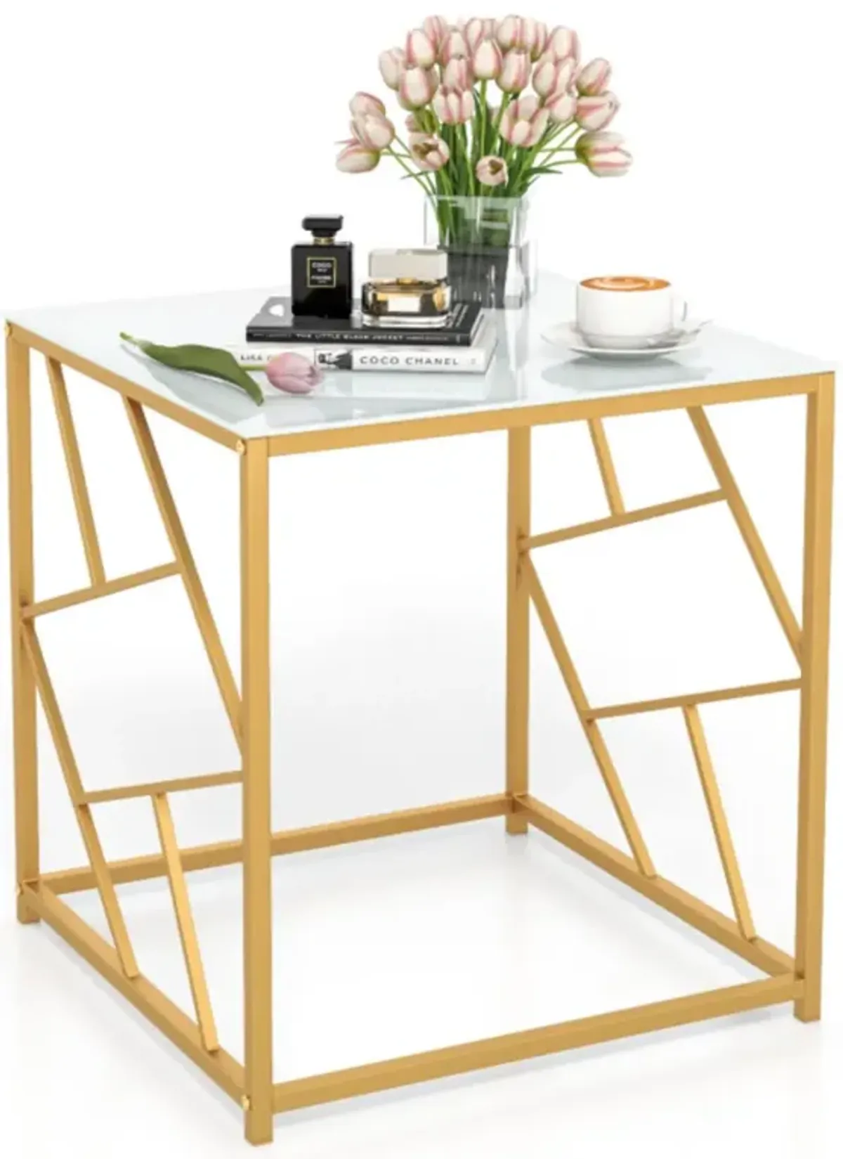 Hivvago Square End Table with Tempered Glass Tabletop and Gold Finish Geometric Frame-Golden