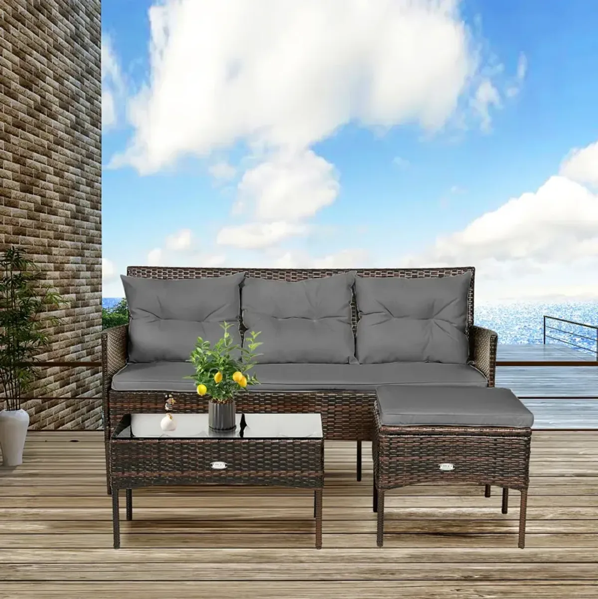 3 Pieces Patio Furniture Sectional Set with 5 Cozy Cushions