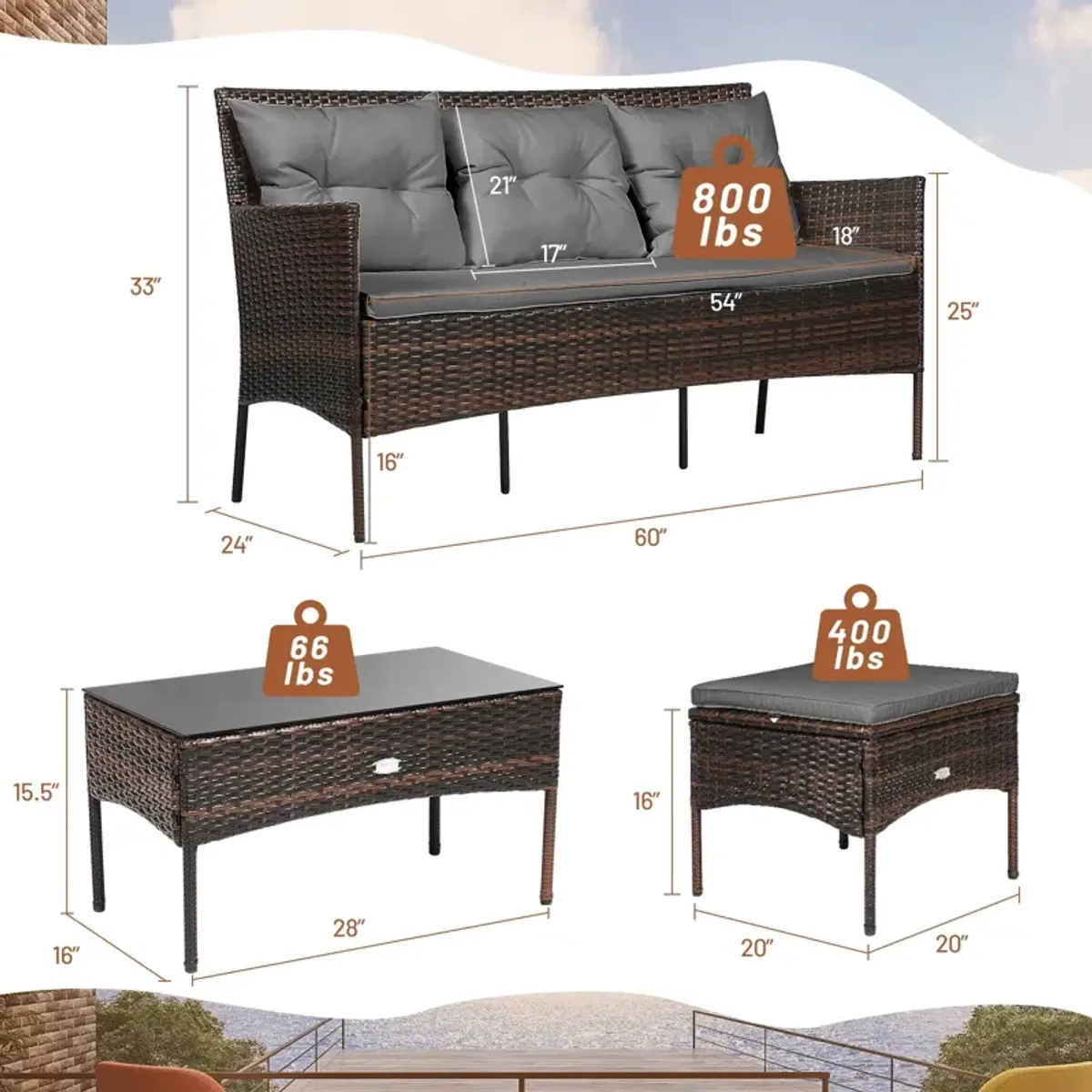 3 Pieces Patio Furniture Sectional Set with 5 Cozy Cushions