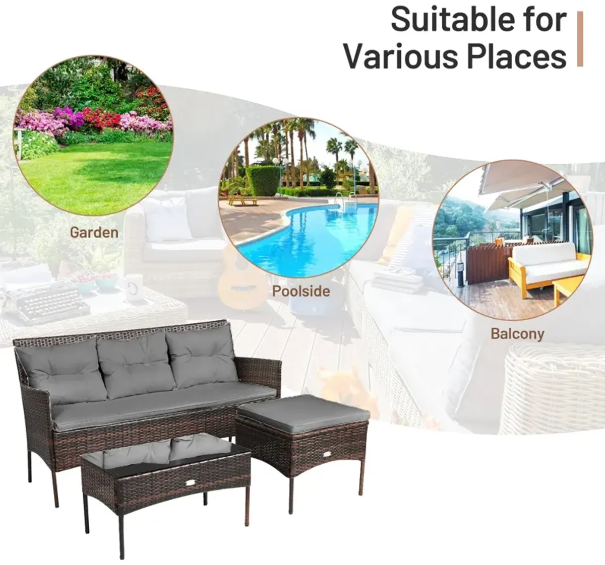 3 Pieces Patio Furniture Sectional Set with 5 Cozy Cushions