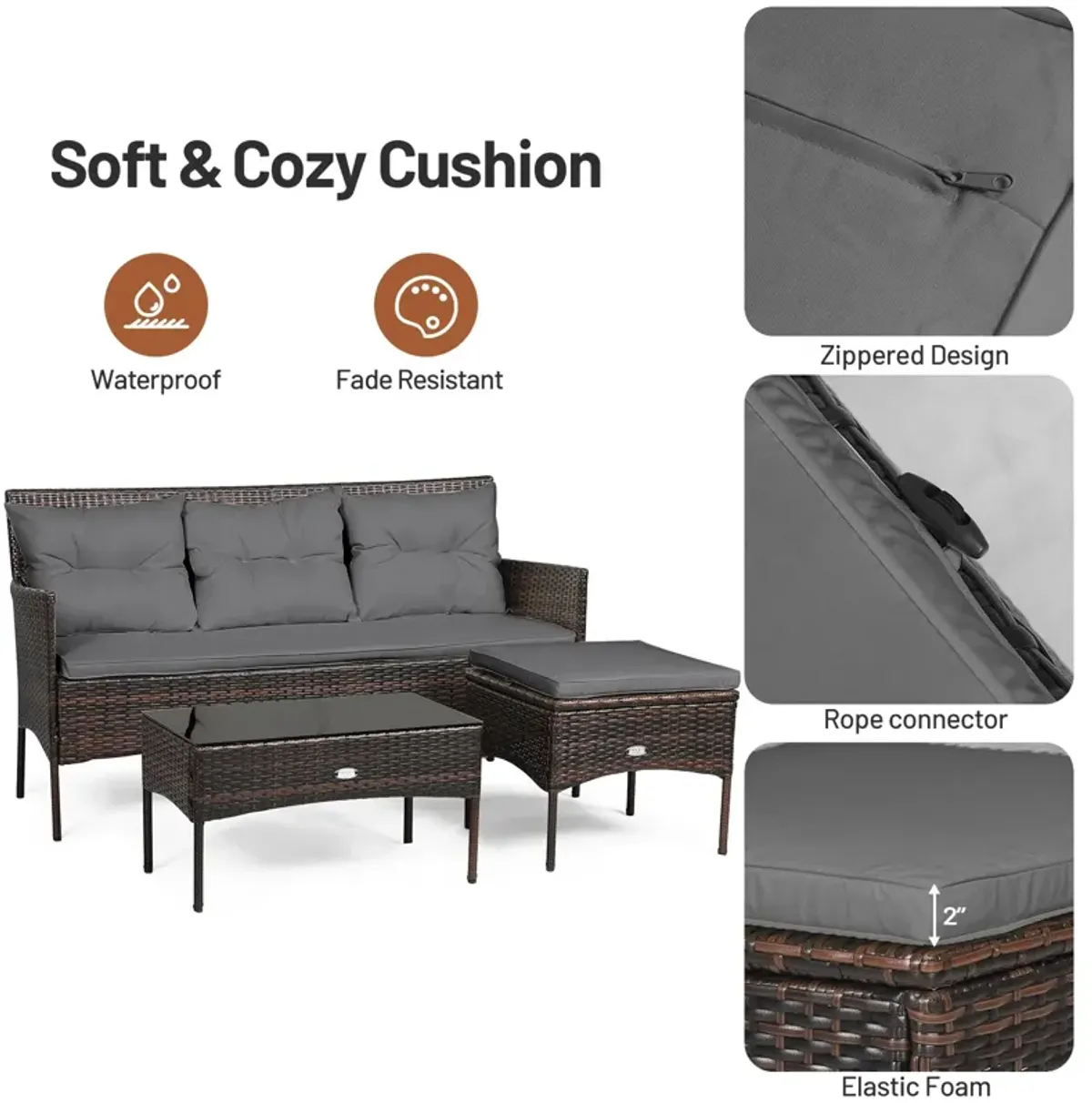 3 Pieces Patio Furniture Sectional Set with 5 Cozy Cushions