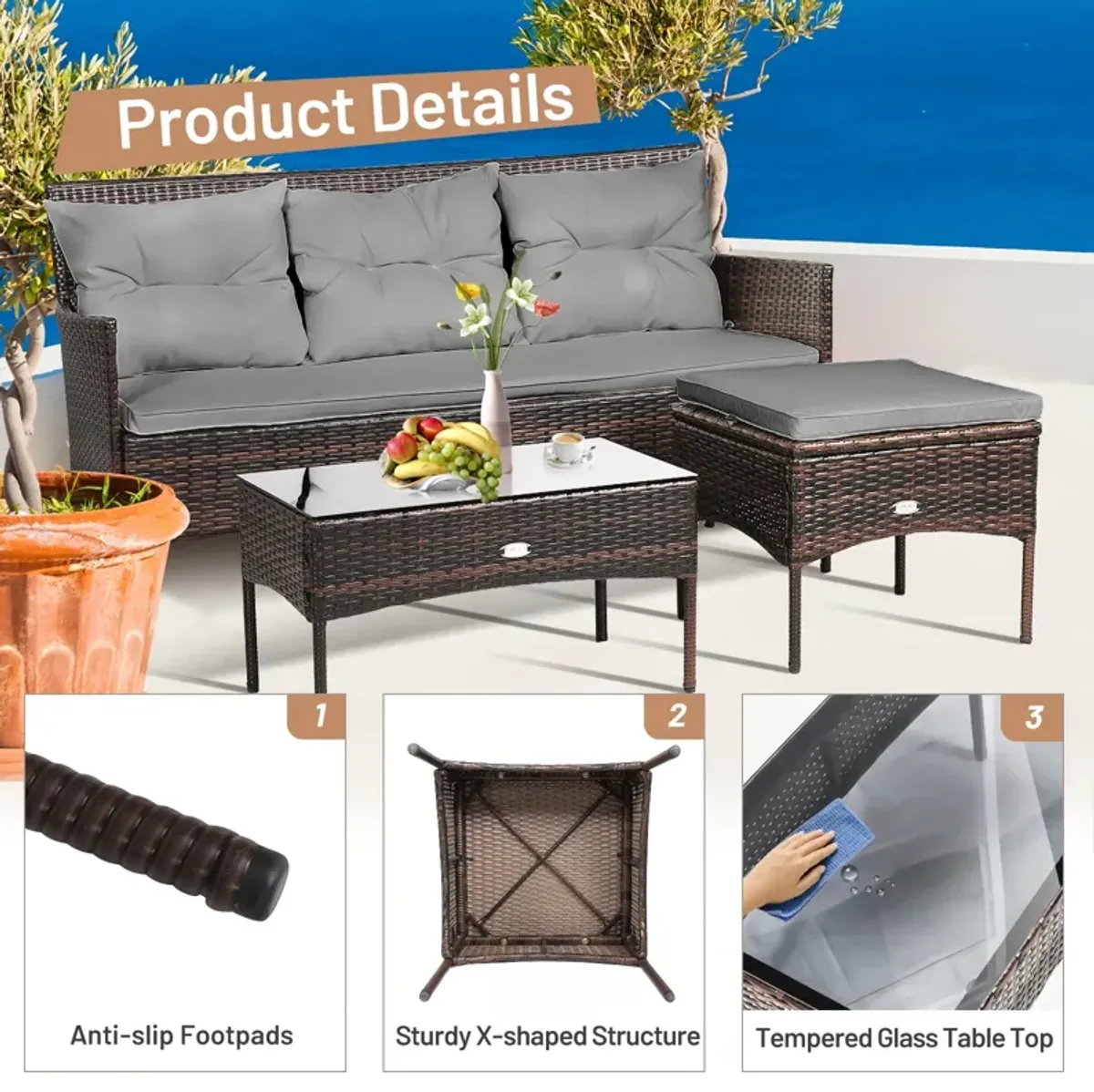 3 Pieces Patio Furniture Sectional Set with 5 Cozy Cushions