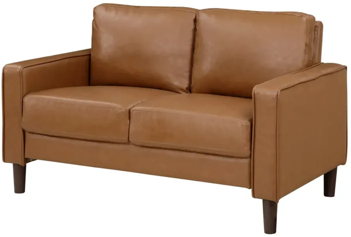 Stark 54 Inch Loveseat, Brown Faux Leather, Track Style Arms, Solid Wood - Benzara