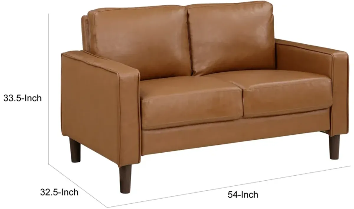 Stark 54 Inch Loveseat, Brown Faux Leather, Track Style Arms, Solid Wood - Benzara