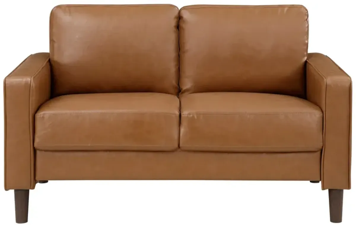 Stark 54 Inch Loveseat, Brown Faux Leather, Track Style Arms, Solid Wood - Benzara