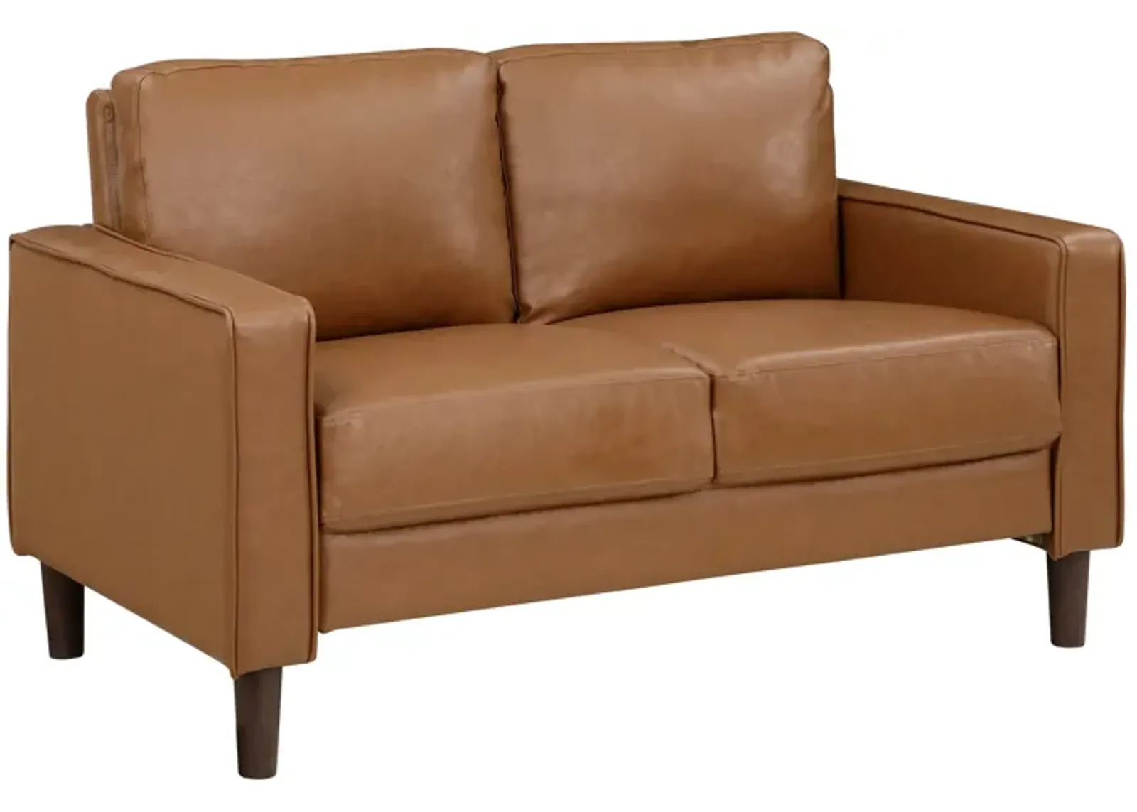 Stark 54 Inch Loveseat, Brown Faux Leather, Track Style Arms, Solid Wood - Benzara