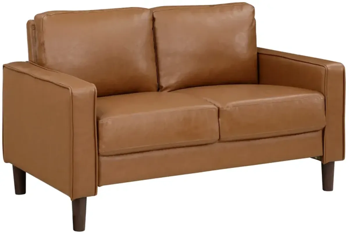 Stark 54 Inch Loveseat, Brown Faux Leather, Track Style Arms, Solid Wood - Benzara