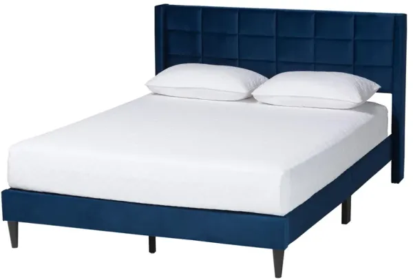 Baxton Studio Payne Modern Glam Navy Blue Velvet and Dark Brown Wood Queen Bed