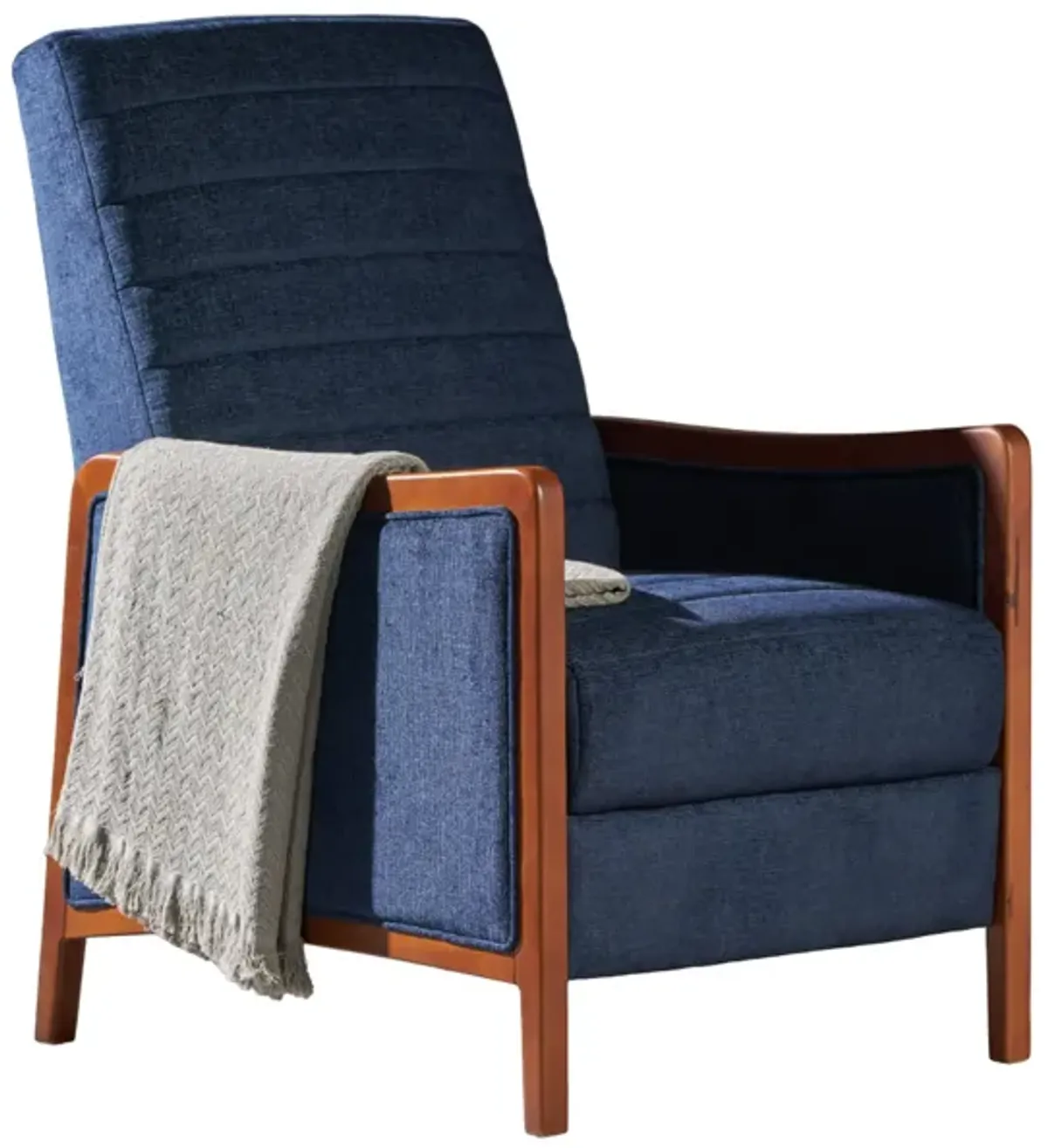 Ryka Pushback Manual Recliner Chair, Birch Wood, Channel Stitch Blue - Benzara
