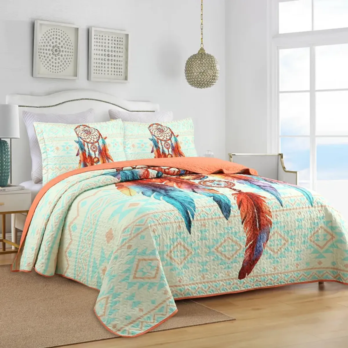 Marcielo 3 Piece Dream Catcher Boho Quilt Bedspread Set