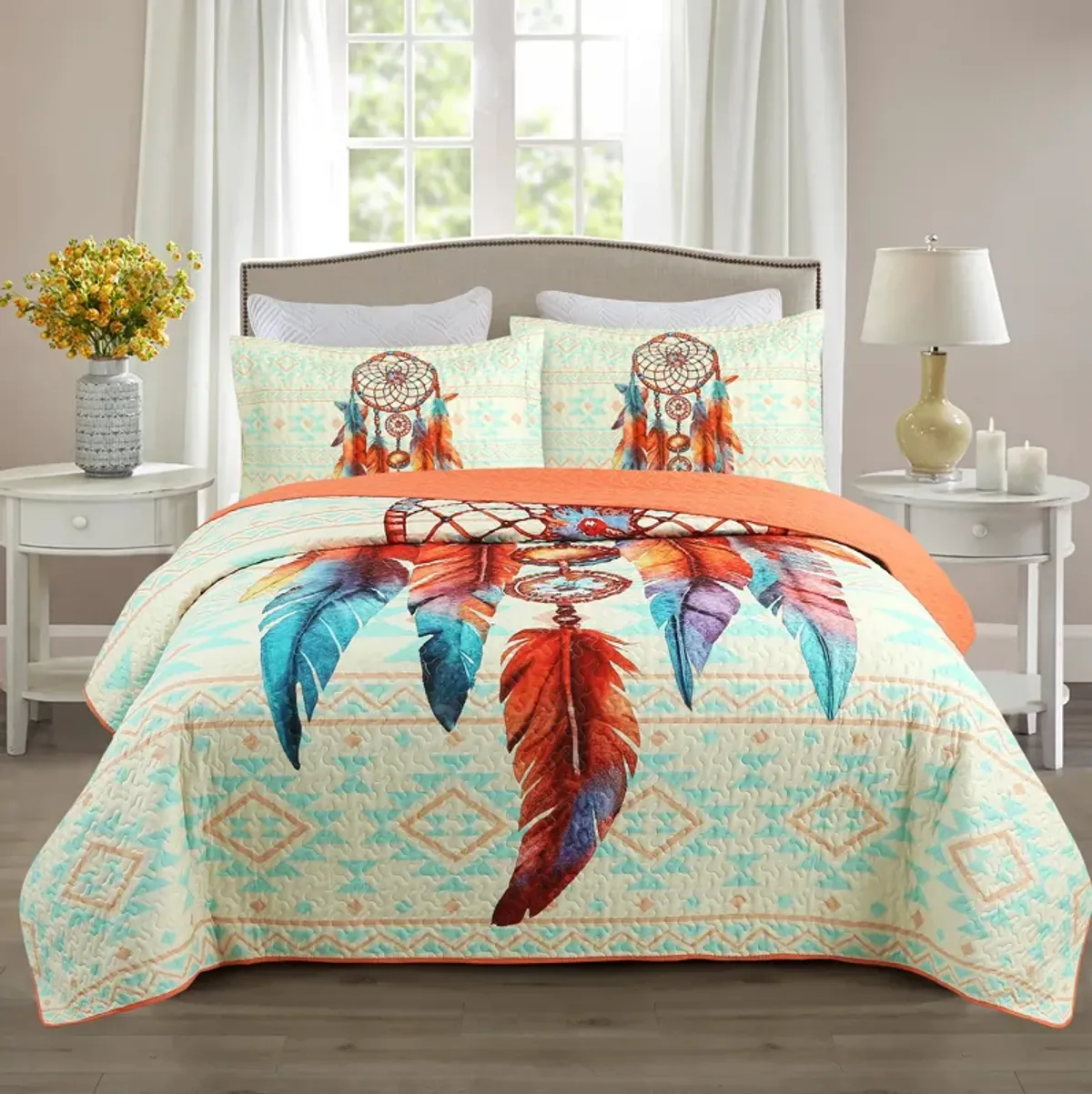 Marcielo 3 Piece Dream Catcher Boho Quilt Bedspread Set