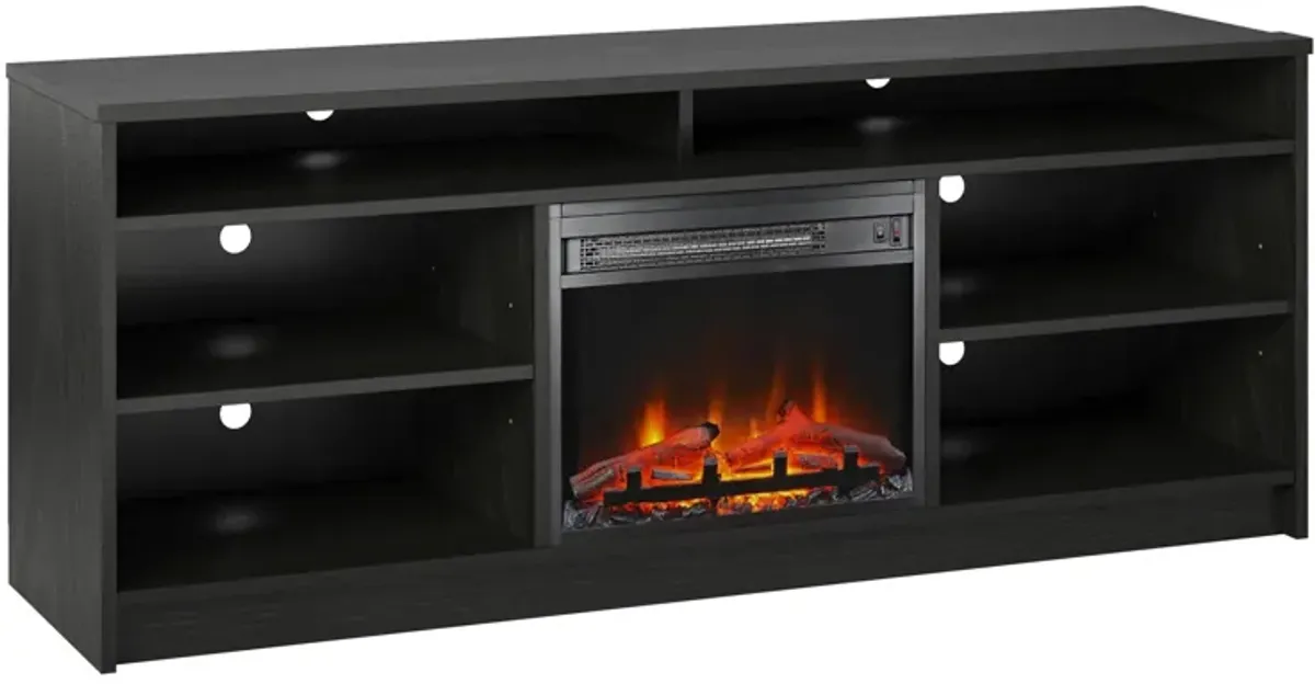 REALROOMS Hickory Hill 65" TV Stand with Electric Fireplace Space Heater and 6 Shelves