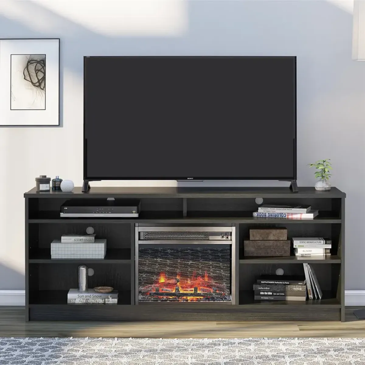 REALROOMS Hickory Hill 65" TV Stand with Electric Fireplace Space Heater and 6 Shelves