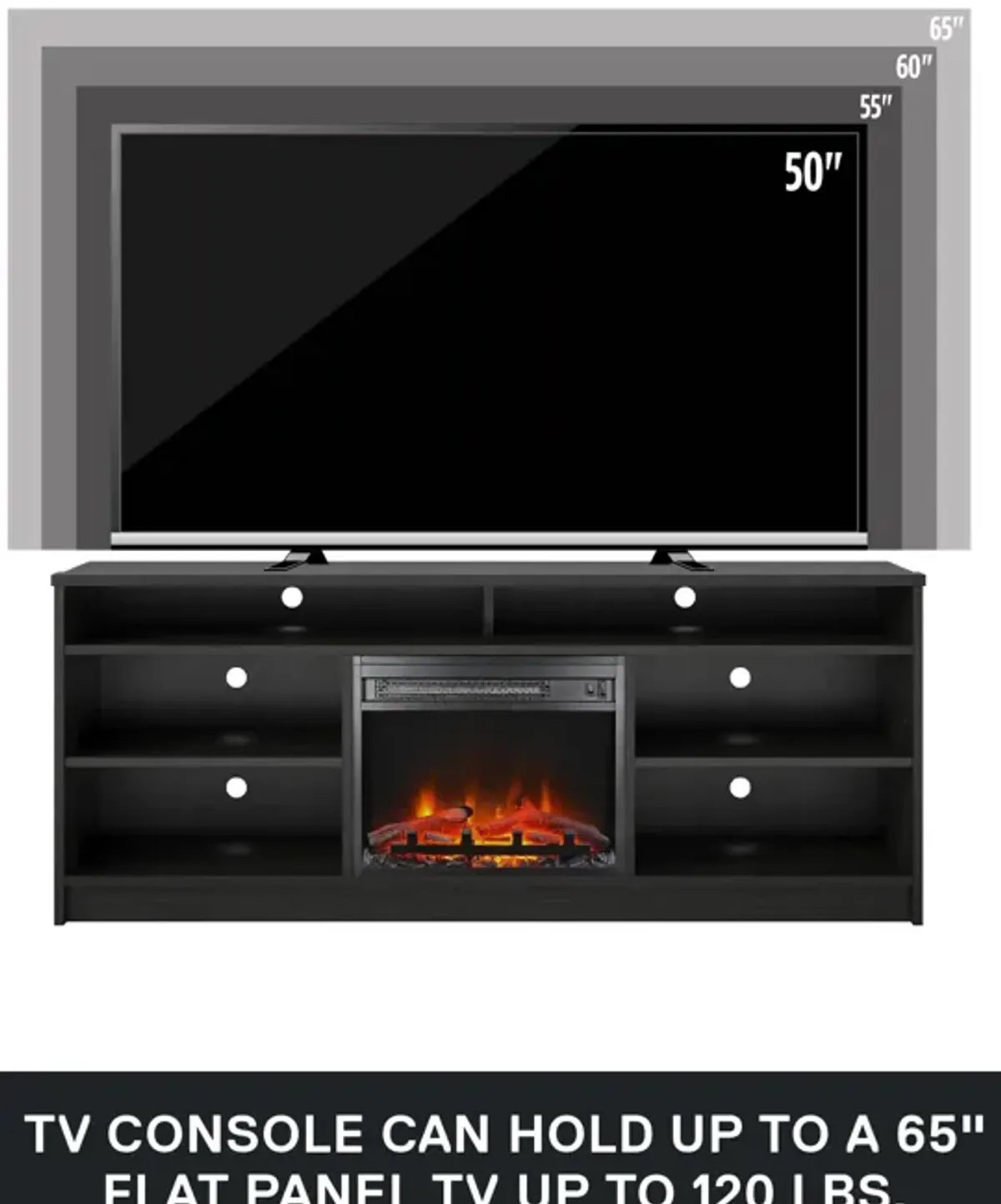 REALROOMS Hickory Hill 65" TV Stand with Electric Fireplace Space Heater and 6 Shelves