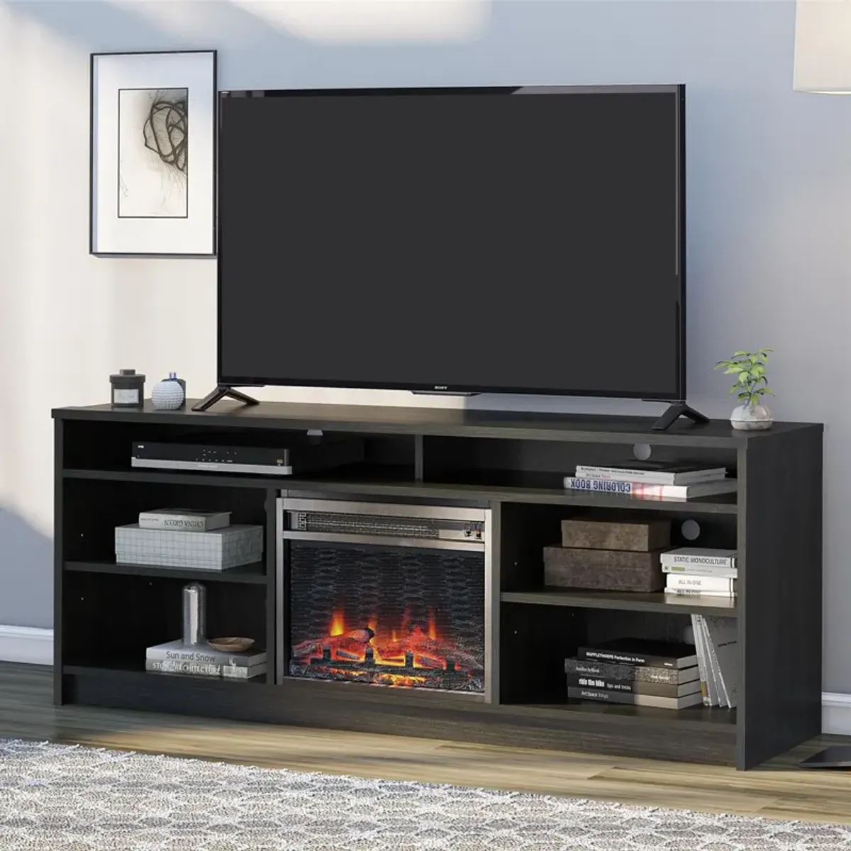 REALROOMS Hickory Hill 65" TV Stand with Electric Fireplace Space Heater and 6 Shelves