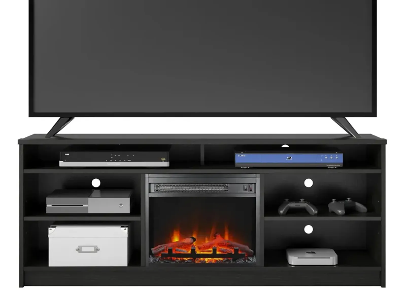 REALROOMS Hickory Hill 65" TV Stand with Electric Fireplace Space Heater and 6 Shelves