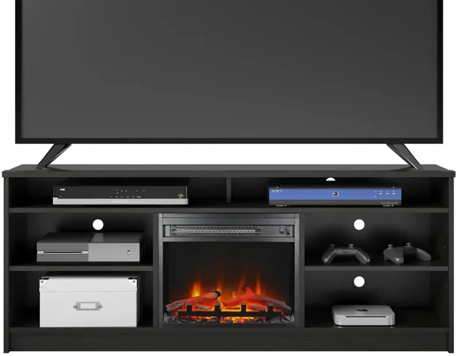 REALROOMS Hickory Hill 65" TV Stand with Electric Fireplace Space Heater and 6 Shelves