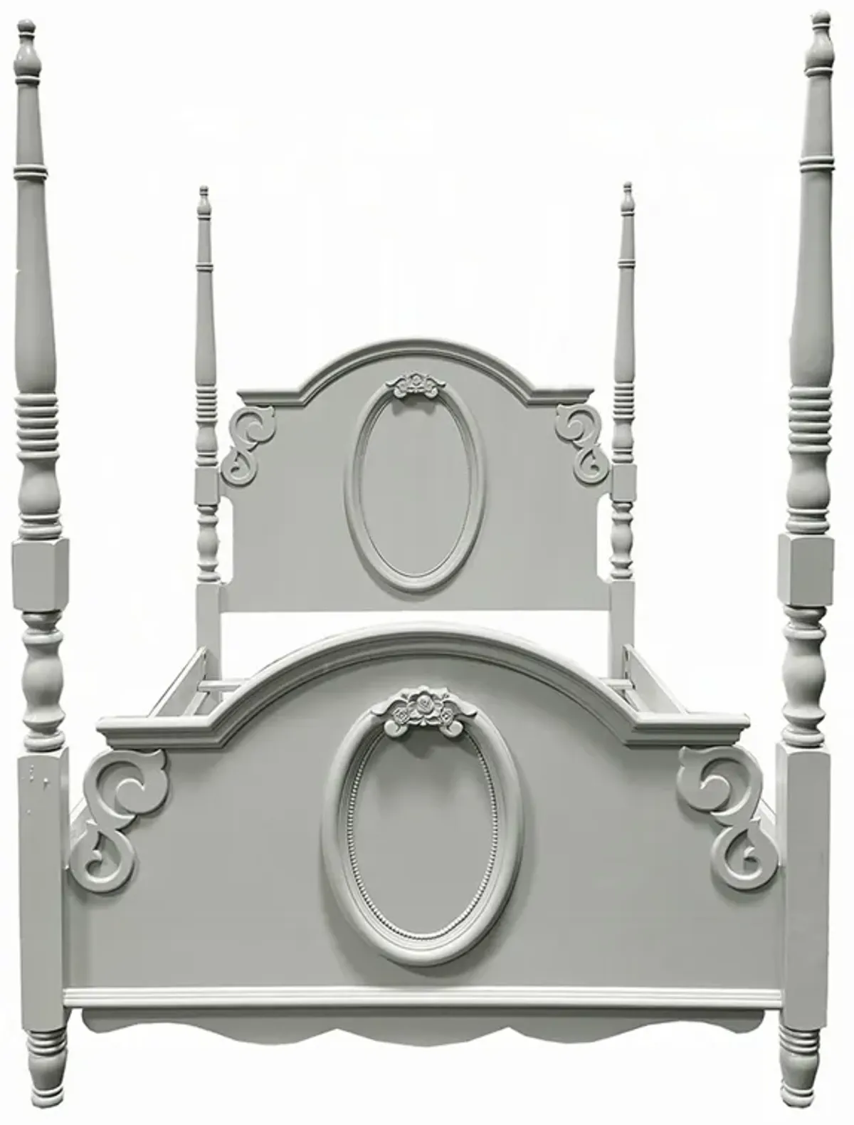 Auri Twin Size Poster Bed, Arch Headboard, Classic Floral Motifs, Gray - Benzara
