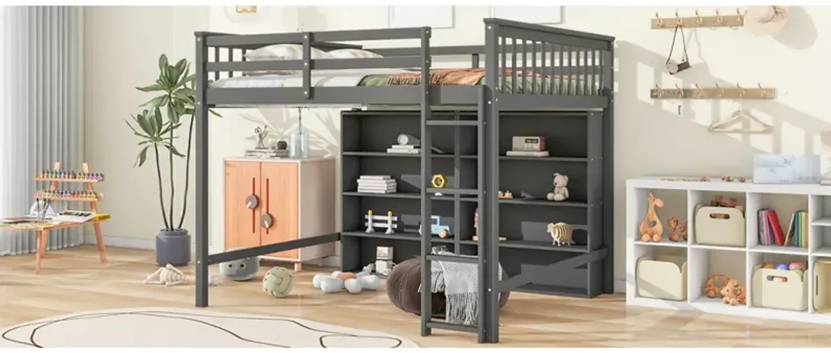 Full Size Loft Bed With 8 Open Storage Shelves And Builtin Ladder