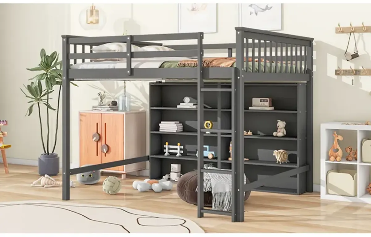 Full Size Loft Bed With 8 Open Storage Shelves And Builtin Ladder