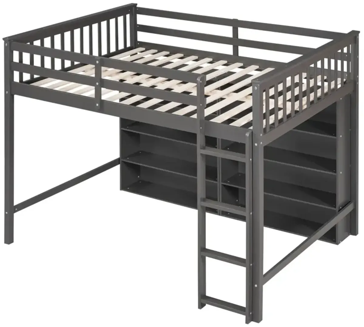 Full Size Loft Bed With 8 Open Storage Shelves And Builtin Ladder