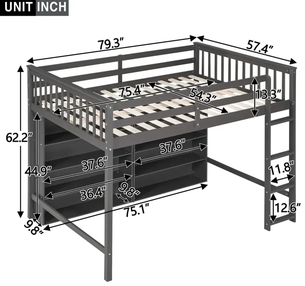 Full Size Loft Bed With 8 Open Storage Shelves And Builtin Ladder