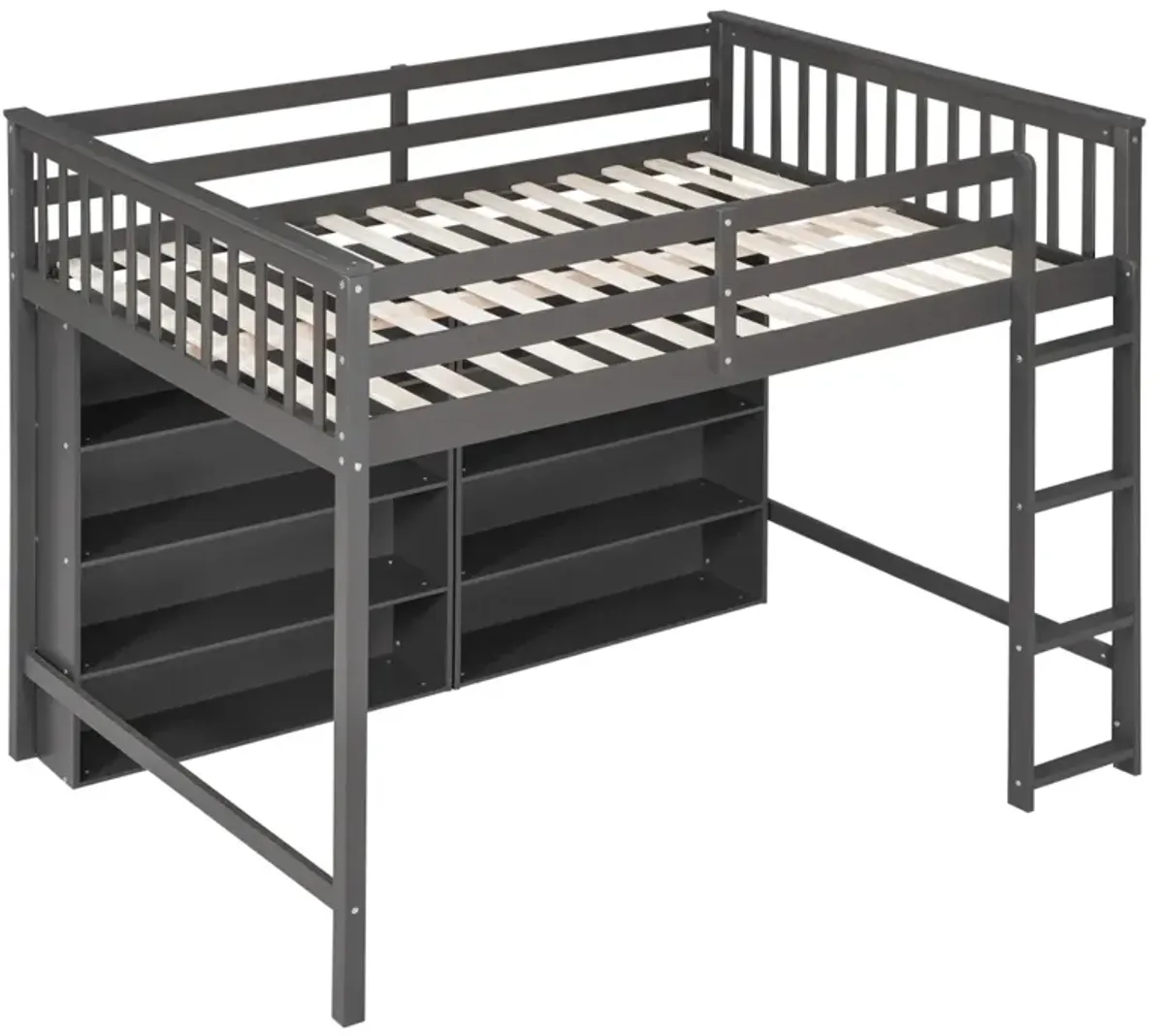 Full Size Loft Bed With 8 Open Storage Shelves And Builtin Ladder