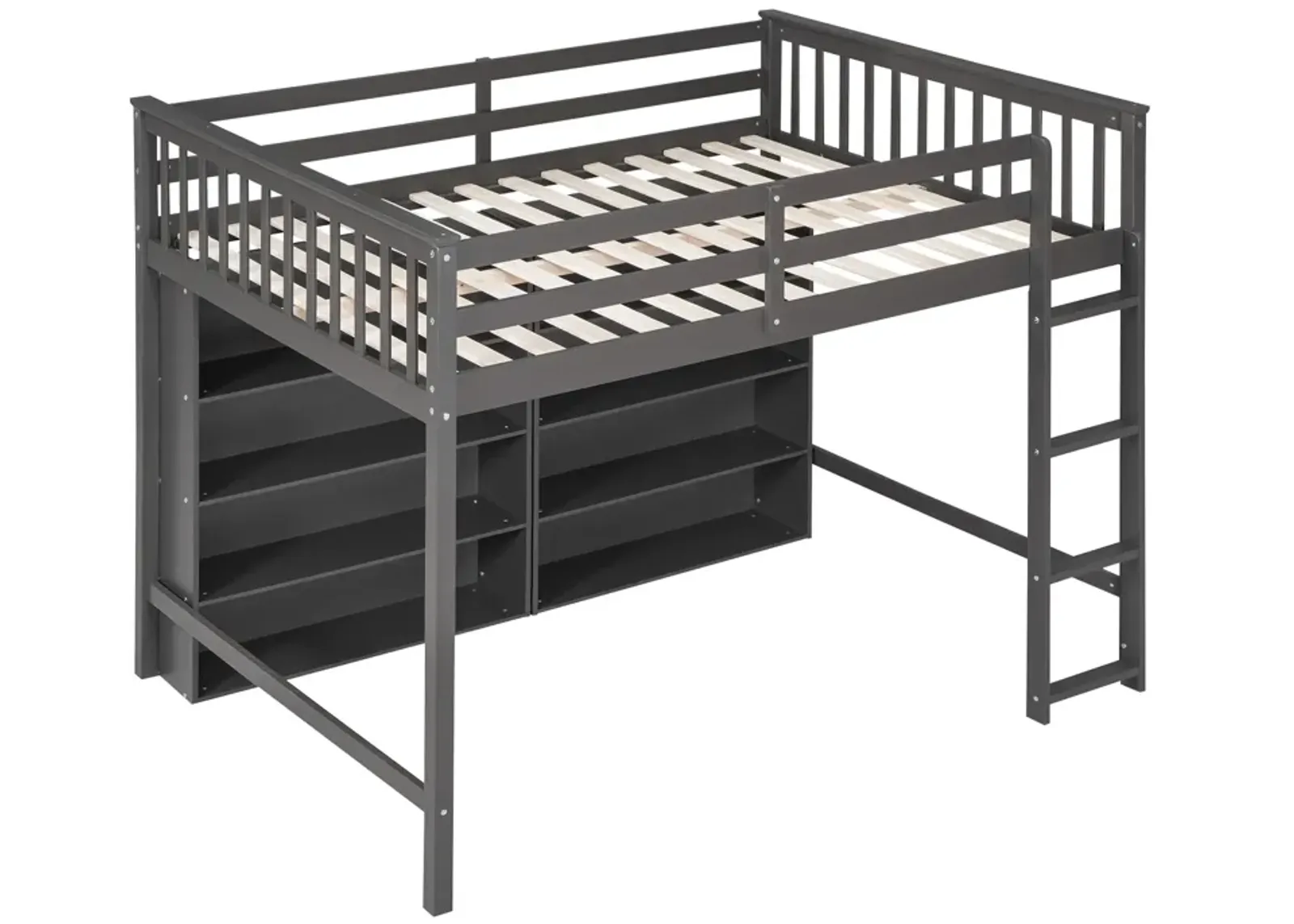 Full Size Loft Bed With 8 Open Storage Shelves And Builtin Ladder