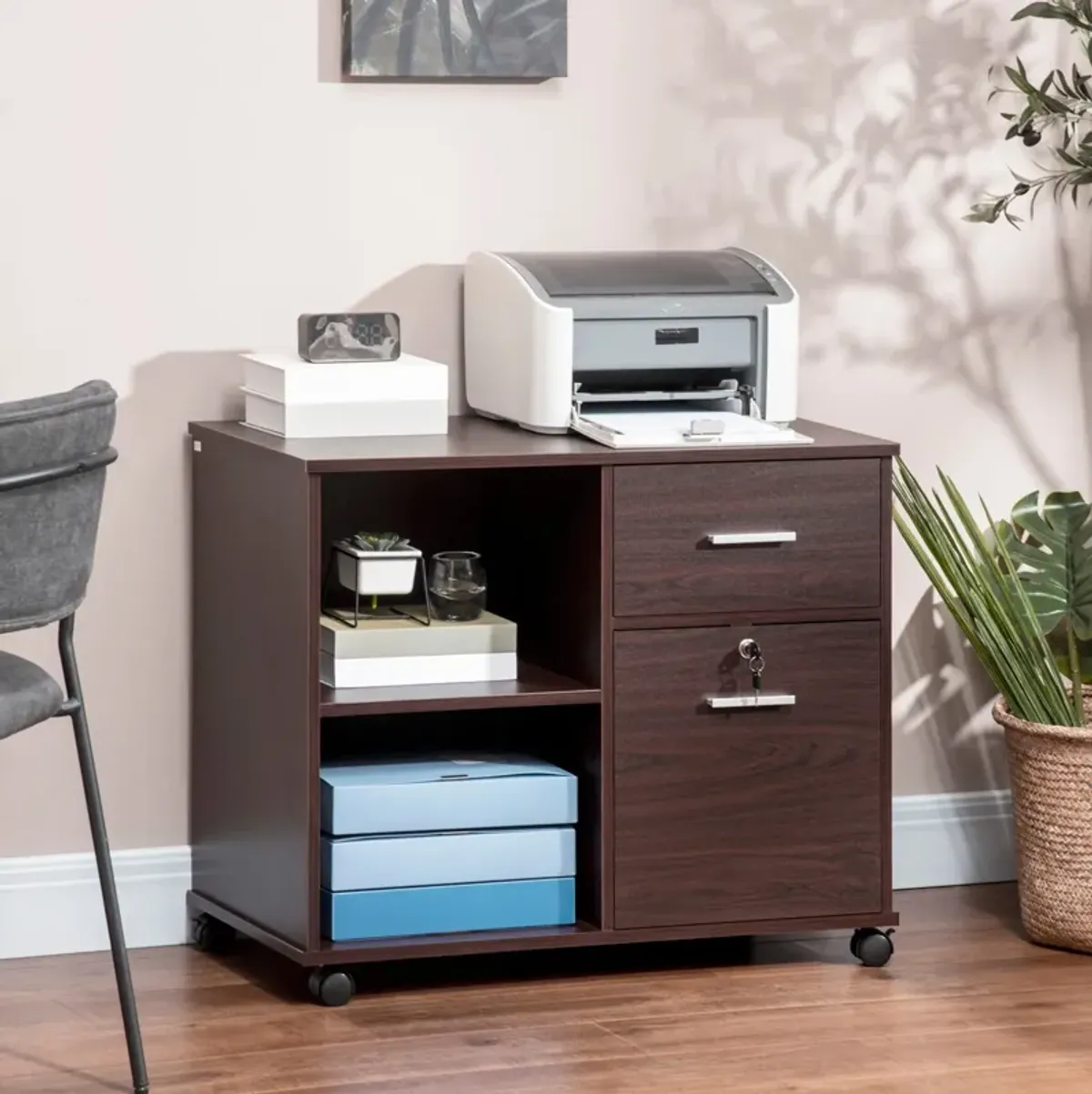 Walnut Mobile Storage: Lateral File Cabinet with Wheels & Open Shelves