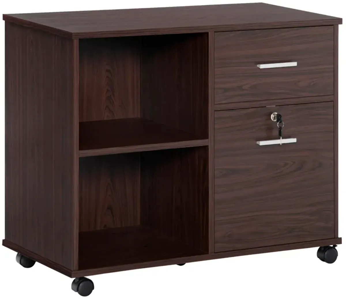 Walnut Mobile Storage: Lateral File Cabinet with Wheels & Open Shelves