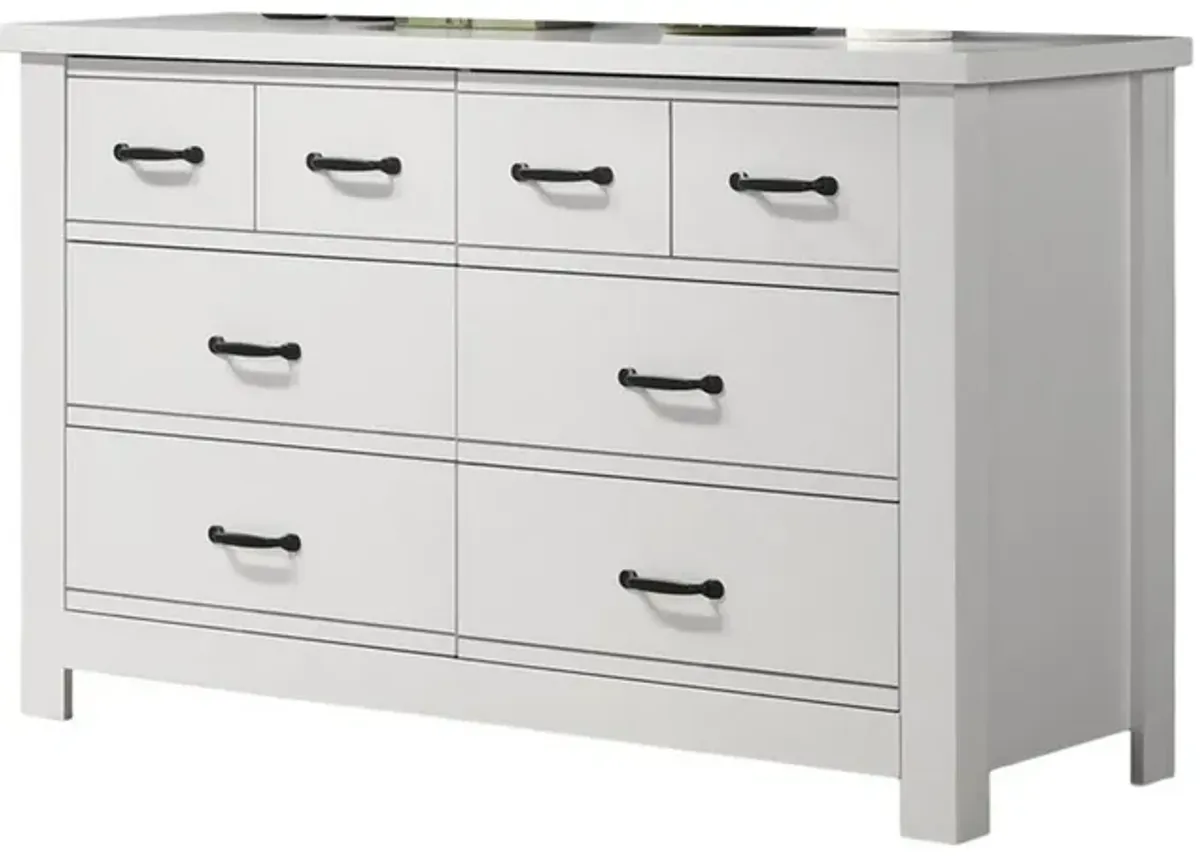 Jermy 51 Inch Wide Dresser, 6 Drawers, Black Handles, Crisp White Finish - Benzara