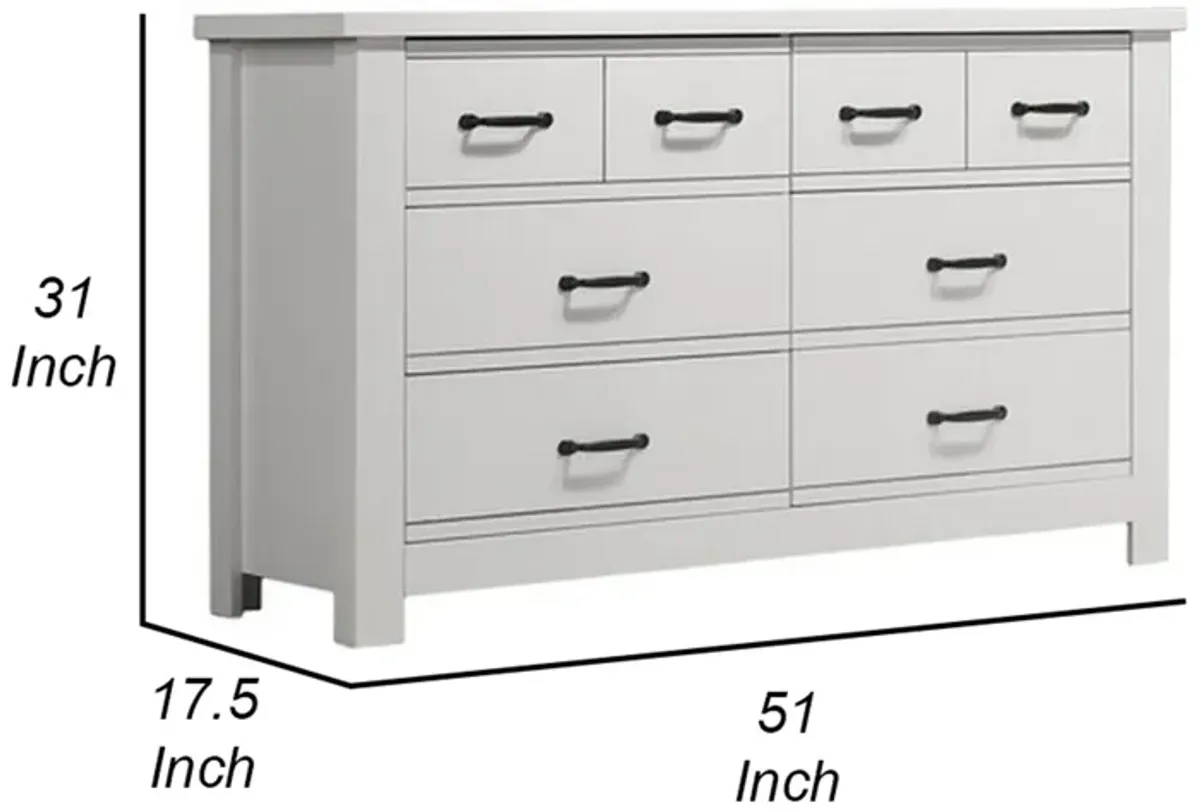 Jermy 51 Inch Wide Dresser, 6 Drawers, Black Handles, Crisp White Finish - Benzara