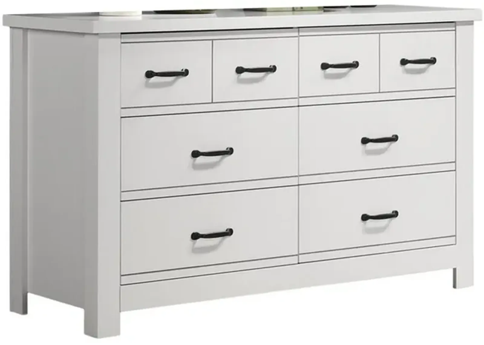 Jermy 51 Inch Wide Dresser, 6 Drawers, Black Handles, Crisp White Finish - Benzara