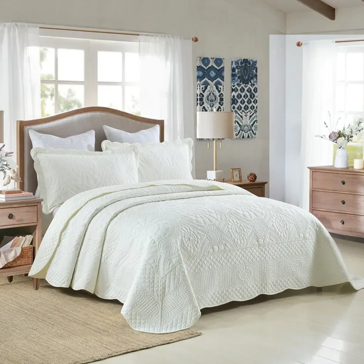 MarCielo 100% Cotton Oversized Bedspread Quilt Set Embroidery TF