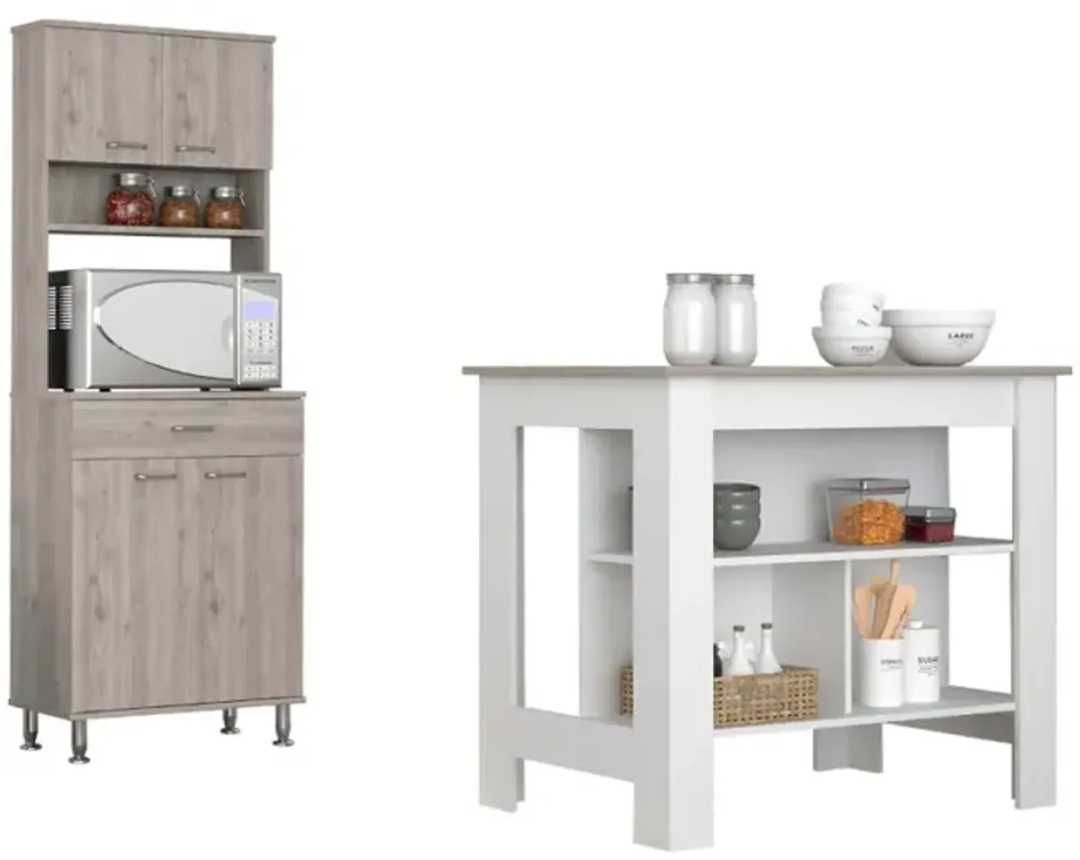 Newton 8-Shelf 1-Drawer 2-Piece Kitchen Set, Kitchen Island And Pantry Cabinet White And Light Gray